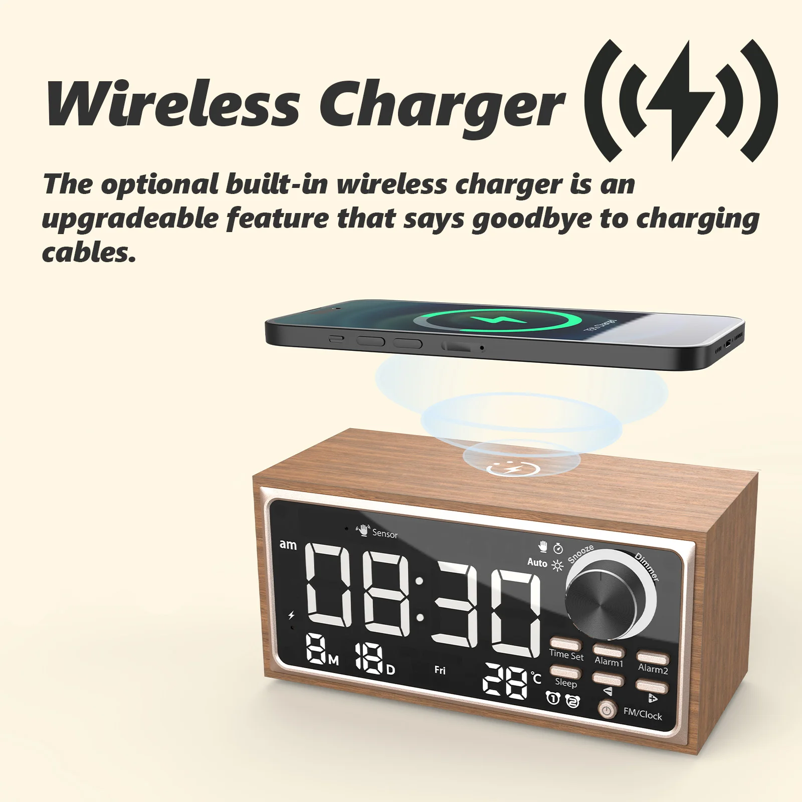 WD-301 Wooden Digital Alarm Clock with 15W Wireless Charger, Bluetooth 5.3 Speakers, FM Radio & Night Light for Bedroom Office
WD-301 Wooden Digital Alarm Clock with 15W Wireless Charger, Bluetooth 5.3 Speakers, FM Radio & Night Light for Bedroom Office