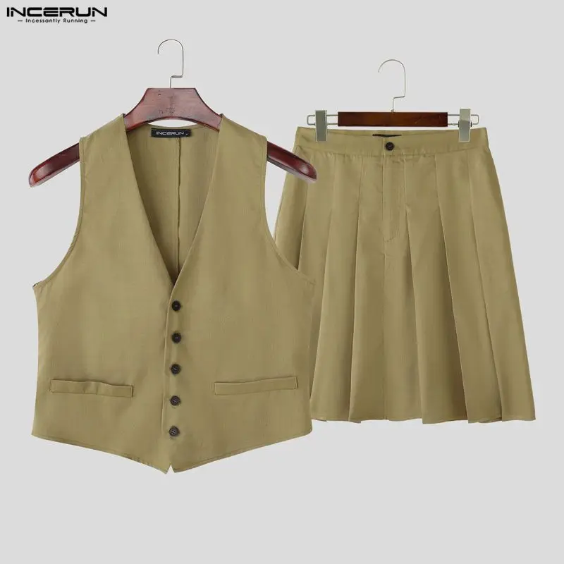 INCERUN Men Sets Solid Color V Neck Sleeveless Vests & Pleated Skirts Two pieces Sets Streetwear Personality Fashion Men's Suits
INCERUN Men Sets Solid Color V Neck Sleeveless Vests & Pleated Skirts Two pieces Sets Streetwear Personality Fashion Men's Suits