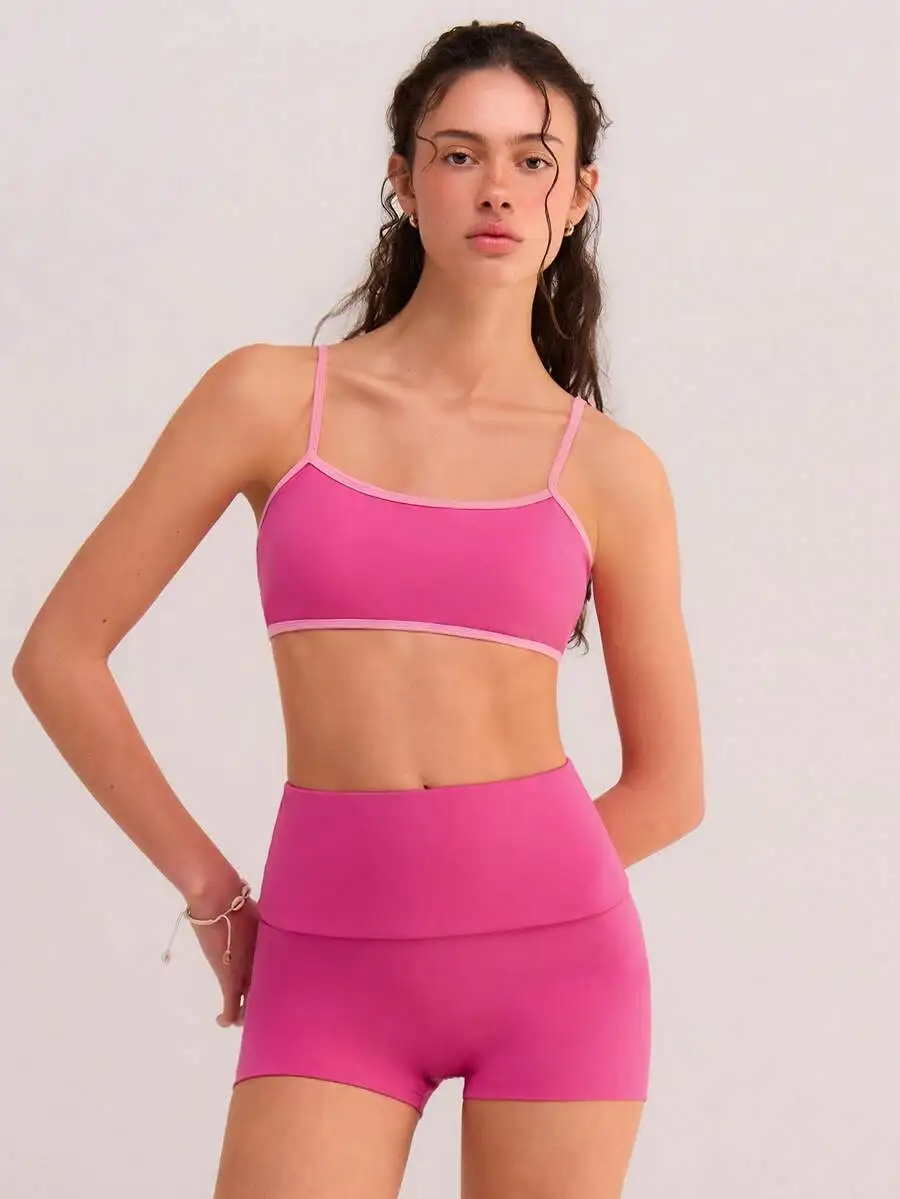 Womens Pink Contrast Color Sports Set With Built-In Bra Workout Top And High Waist Shorts
Womens Pink Contrast Color Sports Set With Built-In Bra Workout Top And High Waist Shorts