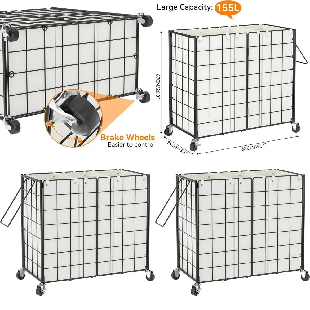 3-секционная металлическая корзина для белья на колесиках со съемными сумками, вместимость 150 л для хранения в спальне и в ванной комнате черного и белого цвета
3-секционная металлическая корзина для белья на колесиках со съемными сумками, вместимость 150 л для хранения в спальне и в ванной комнате черного и белого цвета