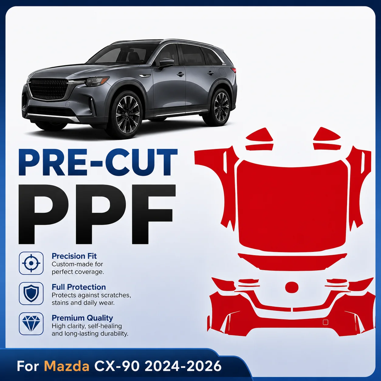 For Mazda CX-90 2024 2025 2026 TPU Bumper Hood Pre-cut PPF Clear Paint Protective Film Custom Anti Scratch Self Healing Shield
For Mazda CX-90 2024 2025 2026 TPU Bumper Hood Pre-cut PPF Clear Paint Protective Film Custom Anti Scratch Self Healing Shield