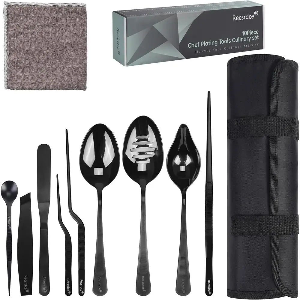 9-Piece Pro Chef Culinary Plating Set, Black Stainless Steel Tools with Roll Bag & Cleaning Cloth, Perfect for Food Presentation
9-Piece Pro Chef Culinary Plating Set, Black Stainless Steel Tools with Roll Bag & Cleaning Cloth, Perfect for Food Presentation