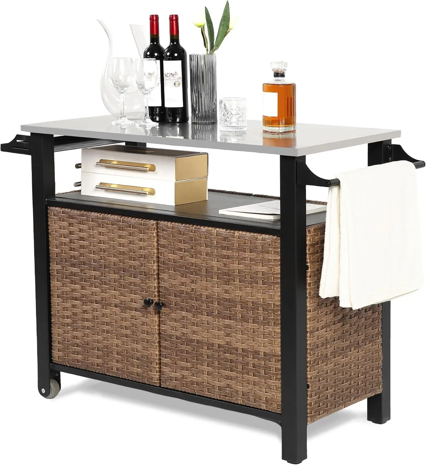 Patio Grill Cart Wicker Storage Outdoor Kitchen Island Serving Cart Stainless Steel Table Top Outdoor Prep Table Rolling Wheels
Patio Grill Cart Wicker Storage Outdoor Kitchen Island Serving Cart Stainless Steel Table Top Outdoor Prep Table Rolling Wheels