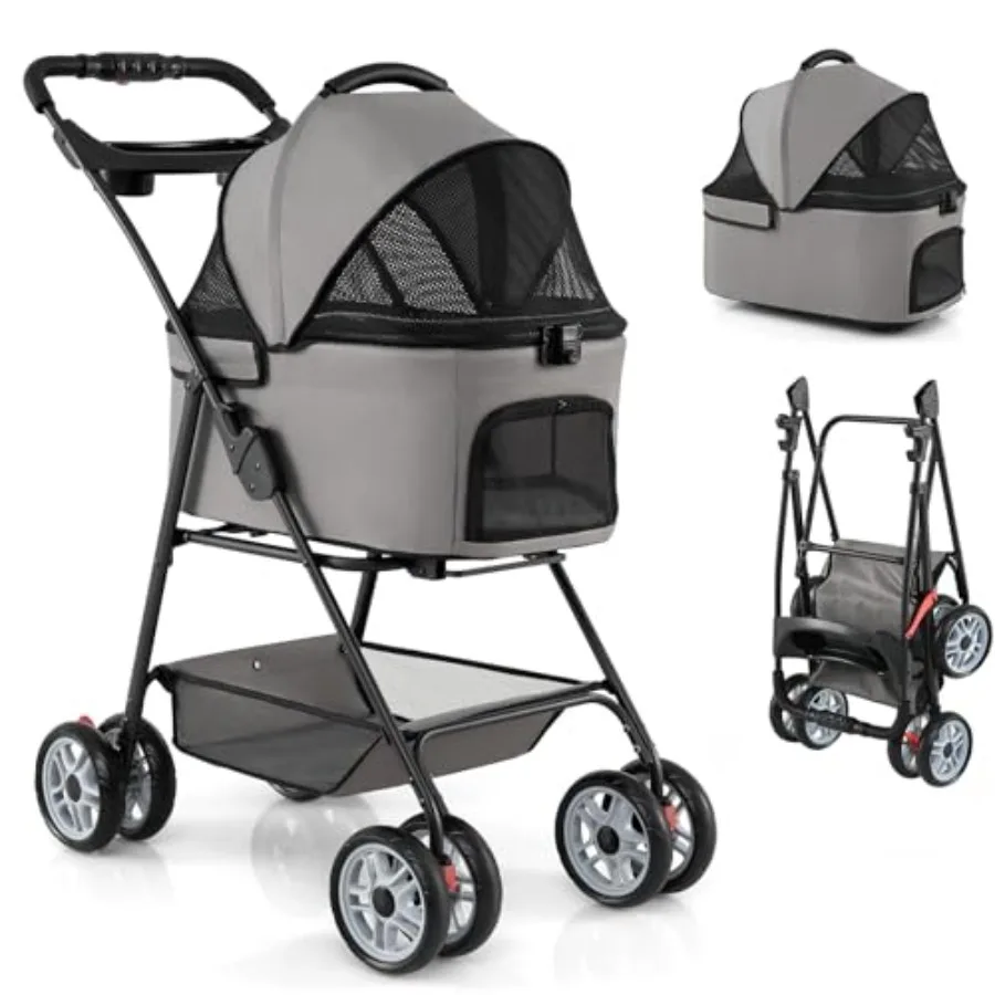 Pet stroller for small medium pets, polyester fabric, gray, 3-in-1 detachable carrier with one-click fold, storage basket, safe
Pet stroller for small medium pets, polyester fabric, gray, 3-in-1 detachable carrier with one-click fold, storage basket, safe