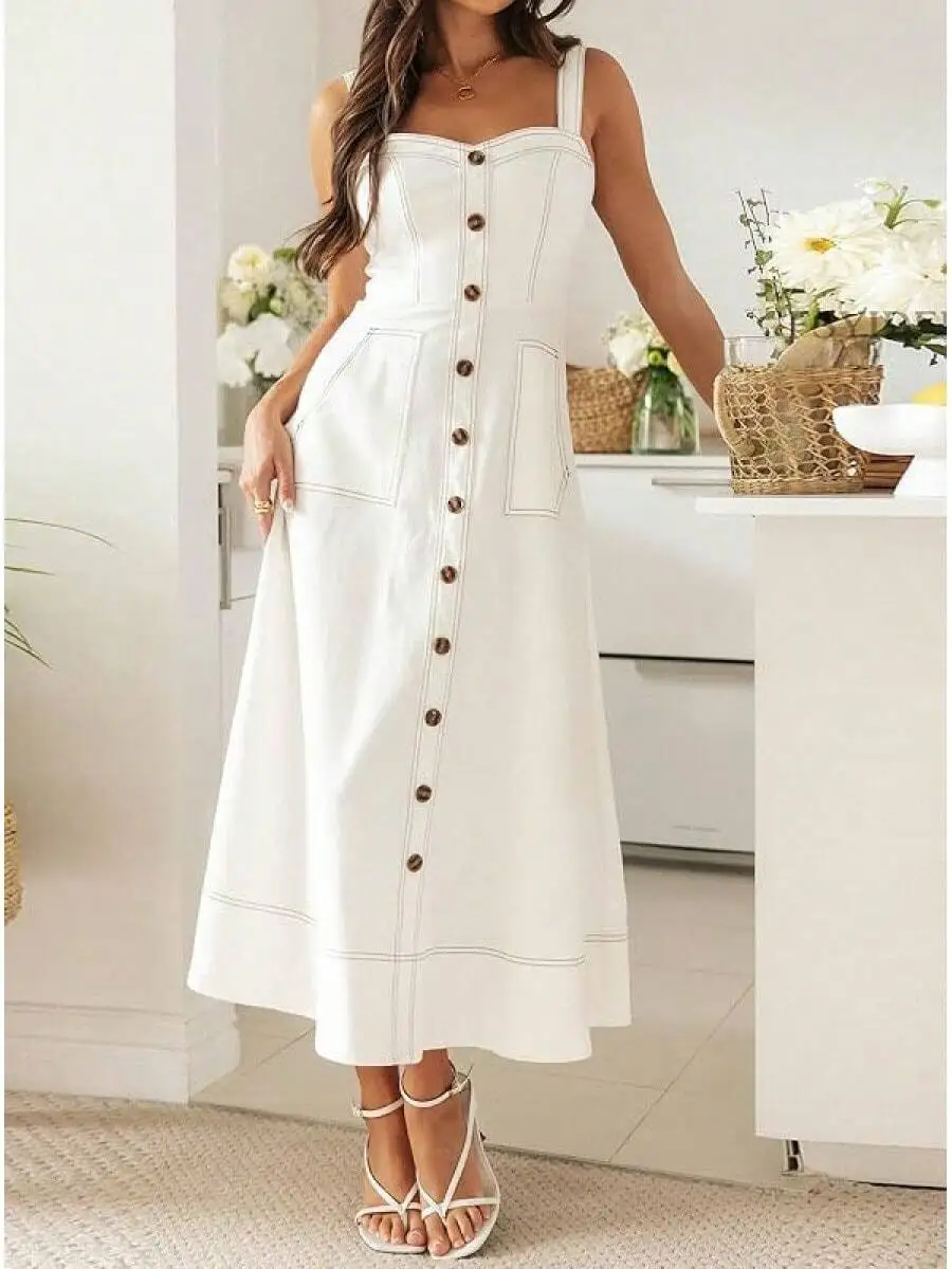 Womens Sleeveless Midi Dress With Buttons Adjustable Straps Pockets A-Line Flowy Jean Style
Womens Sleeveless Midi Dress With Buttons Adjustable Straps Pockets A-Line Flowy Jean Style