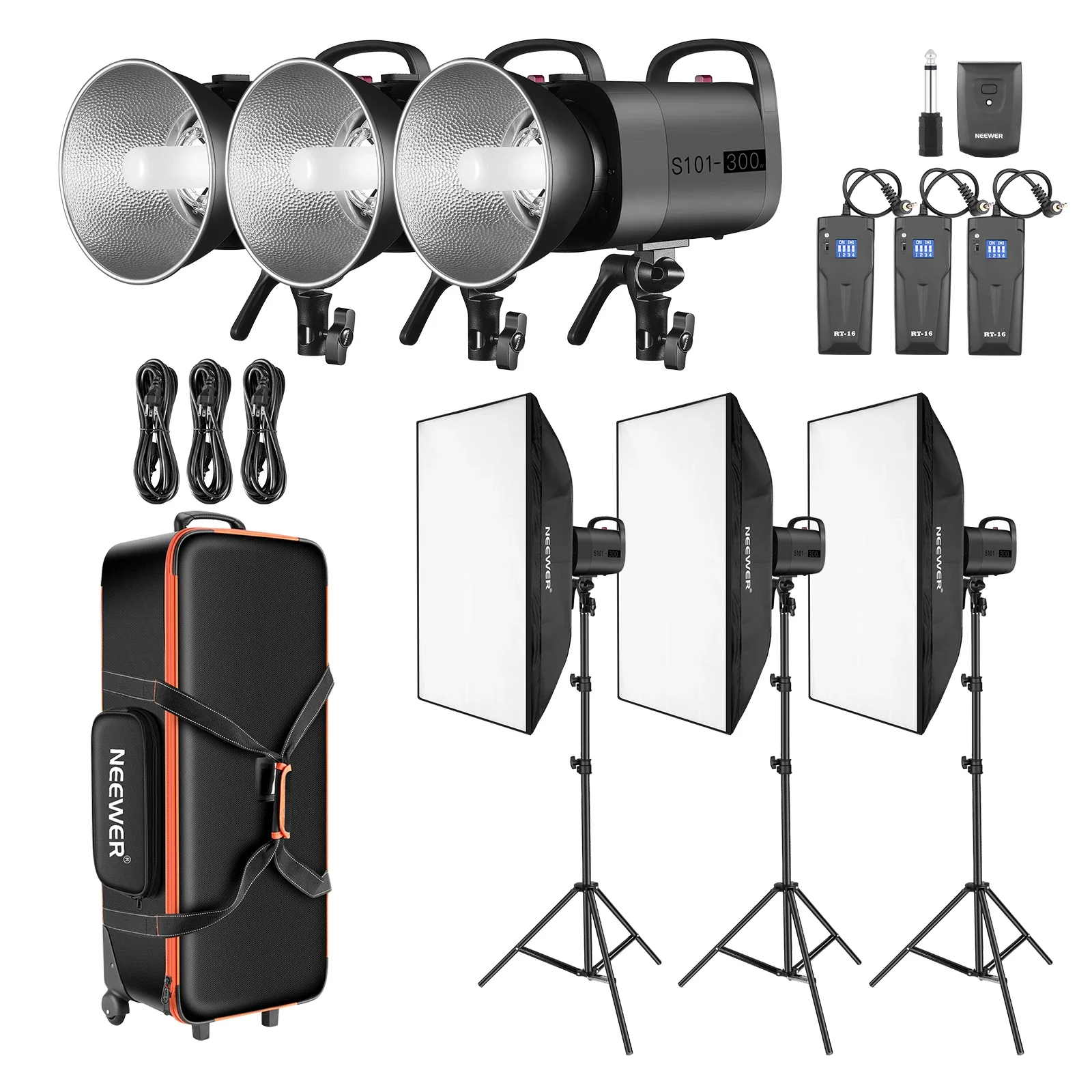 NEEWER Upgraded 900W Studio Strobe Flash Kit: 3xS101 300W Monolight GN58, 3xLight Stand, 3xSoftbox, 1xRT-16 Transmitter
NEEWER Upgraded 900W Studio Strobe Flash Kit: 3xS101 300W Monolight GN58, 3xLight Stand, 3xSoftbox, 1xRT-16 Transmitter