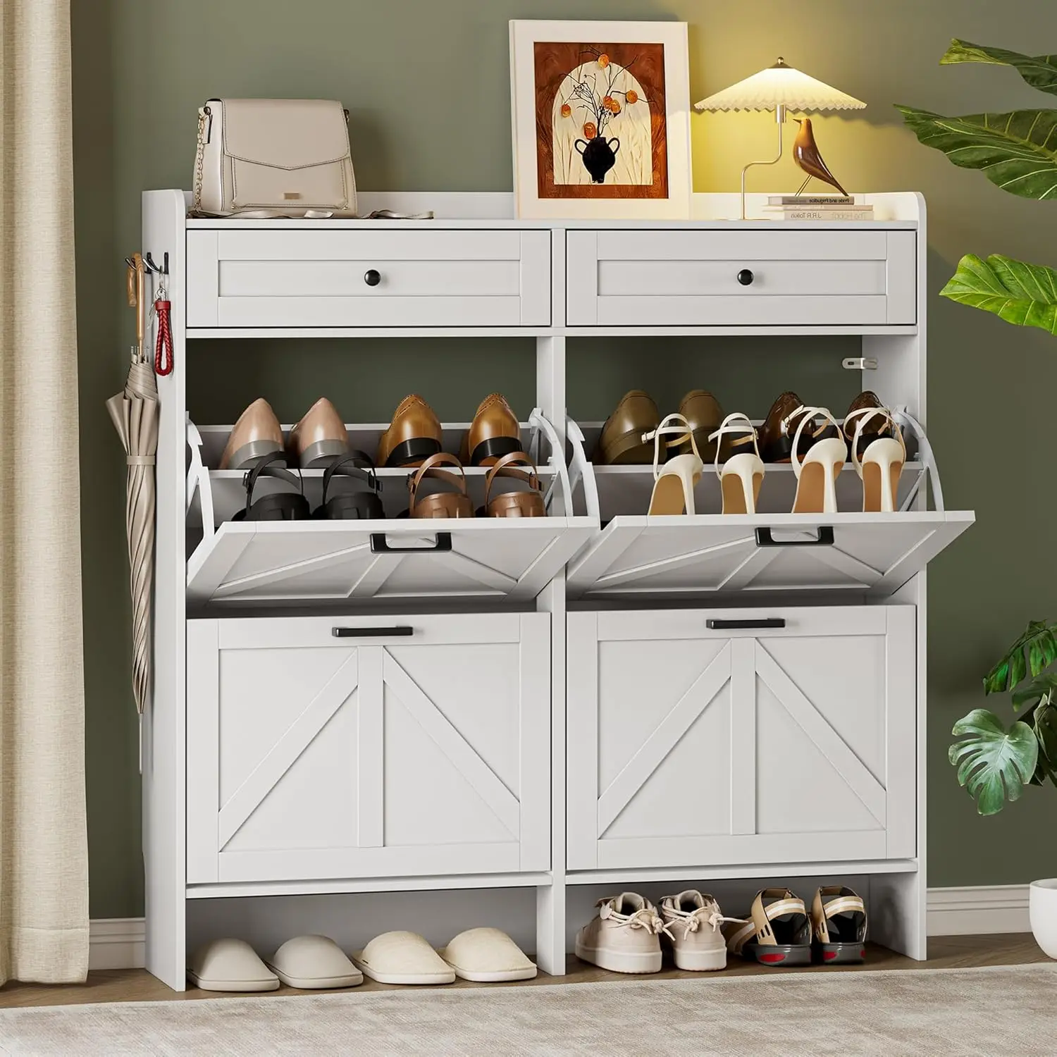 Entryway Shoe Cabinet with 4 Flip & 2 Top Drawers, Adjustable Shelves, Hooks, Anti-Tip Kit, Freestanding Organizer
Entryway Shoe Cabinet with 4 Flip & 2 Top Drawers, Adjustable Shelves, Hooks, Anti-Tip Kit, Freestanding Organizer