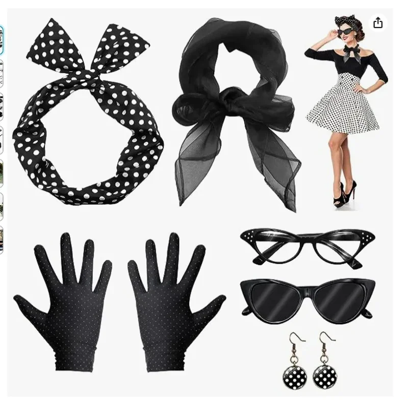 50s Disco Costume Accessories 1950s Fancy Dress Cat Eye Glasses Polka Dot Bandana Tie Headband Earrings Halloween Cosplay Suit 
50s Disco Costume Accessories 1950s Fancy Dress Cat Eye Glasses Polka Dot Bandana Tie Headband Earrings Halloween Cosplay Suit
