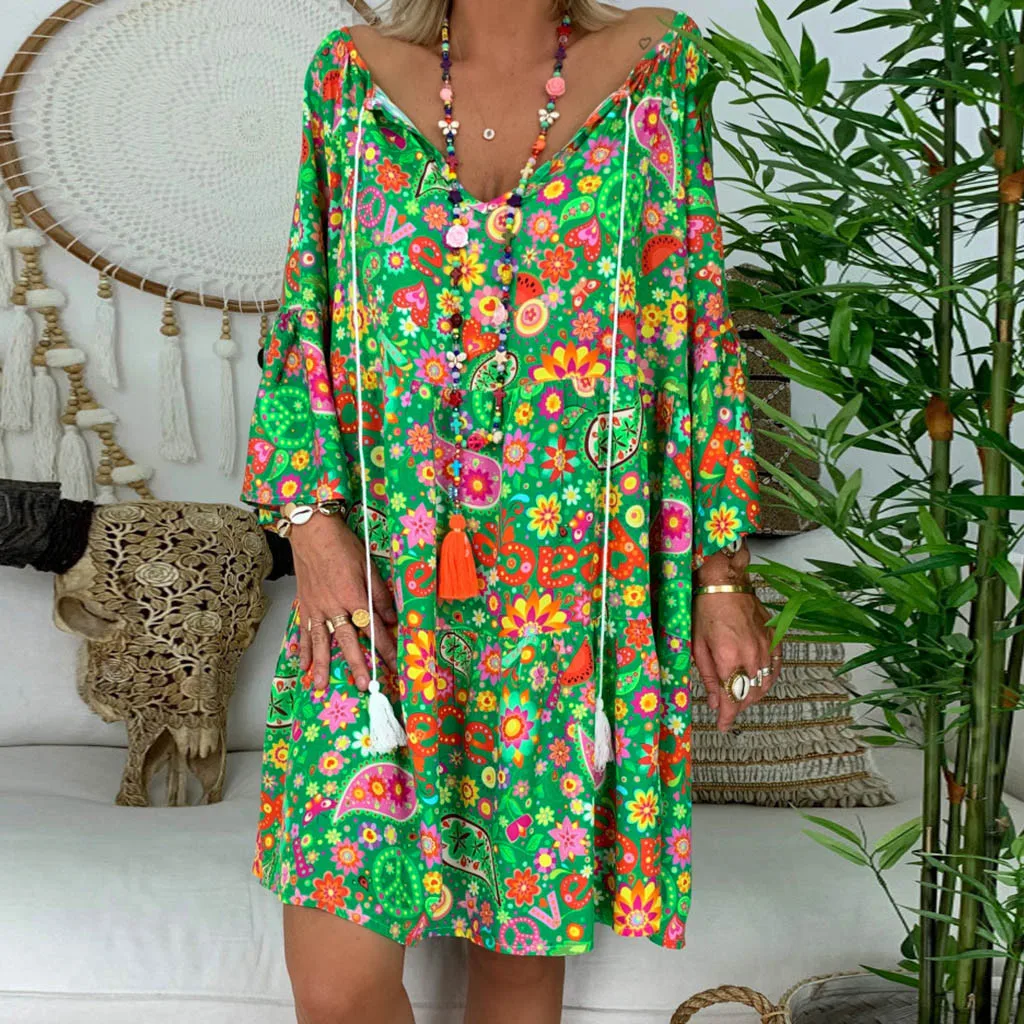 Summer Vintage Retro Floral Print Mini Dress Women Long Sleeve Deep V Casual Dress Female Boho Loose Dresses Holiday Vestidos
Summer Vintage Retro Floral Print Mini Dress Women Long Sleeve Deep V Casual Dress Female Boho Loose Dresses Holiday Vestidos