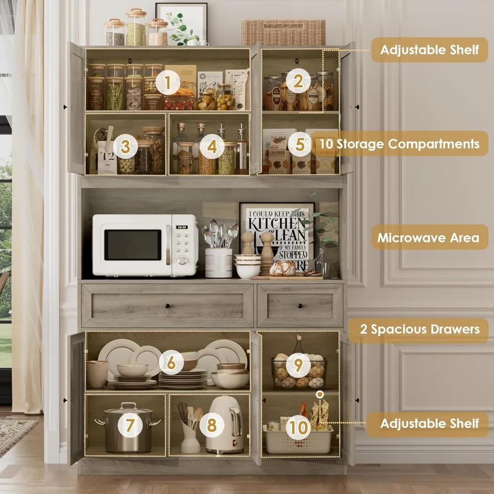 72" Kitchen Pantry Cabinet, Kitchen Hutch with Microwave Stand, Buffet Cabinet with Hutch for Dining Room, Ash Gray, Customized
72" Kitchen Pantry Cabinet, Kitchen Hutch with Microwave Stand, Buffet Cabinet with Hutch for Dining Room, Ash Gray, Customized