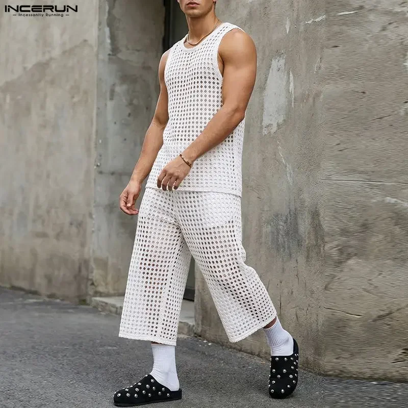 INCERUN Men's Sets Hollow Out See Through Mesh Solid 2026 Men Matching Sets Streetwear Sleeveless Tank Tops Pants Two Piece Sets
INCERUN Men's Sets Hollow Out See Through Mesh Solid 2026 Men Matching Sets Streetwear Sleeveless Tank Tops Pants Two Piece Sets