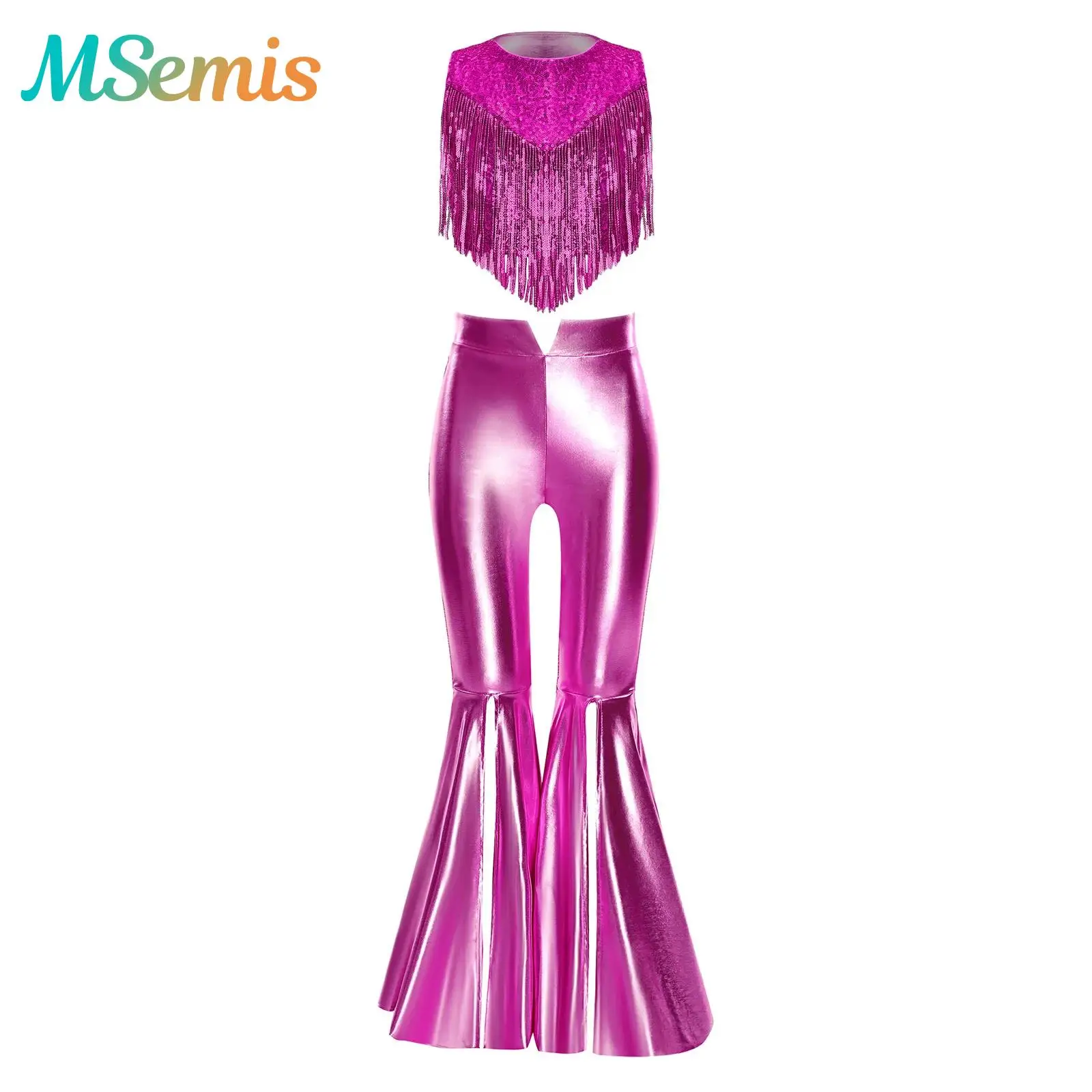 Kids Girls 70S Disco Jazz Dance Costumes Metallic Gloss Shiny Sequins Sequins Tassels Top with Split Bell-Bottom Metallic Pants
Kids Girls 70S Disco Jazz Dance Costumes Metallic Gloss Shiny Sequins Sequins Tassels Top with Split Bell-Bottom Metallic Pants