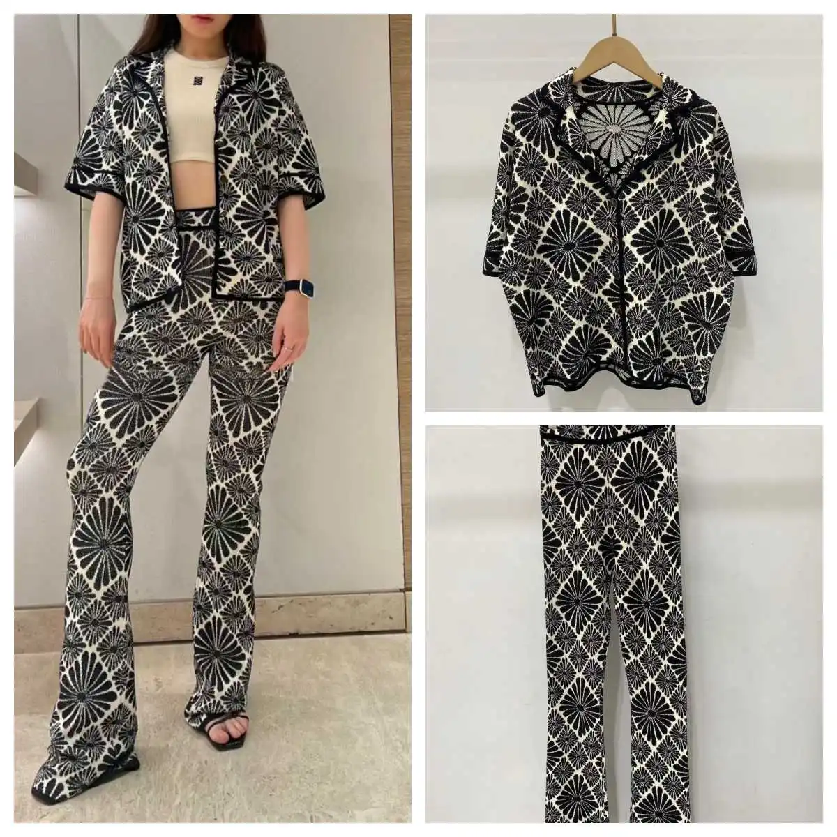 Women Vintage Pattern Knitted Shirt Single-Breasted Knitwear Short Sleeve Top + Ladies High Waist Slim Pants
Women Vintage Pattern Knitted Shirt Single-Breasted Knitwear Short Sleeve Top + Ladies High Waist Slim Pants