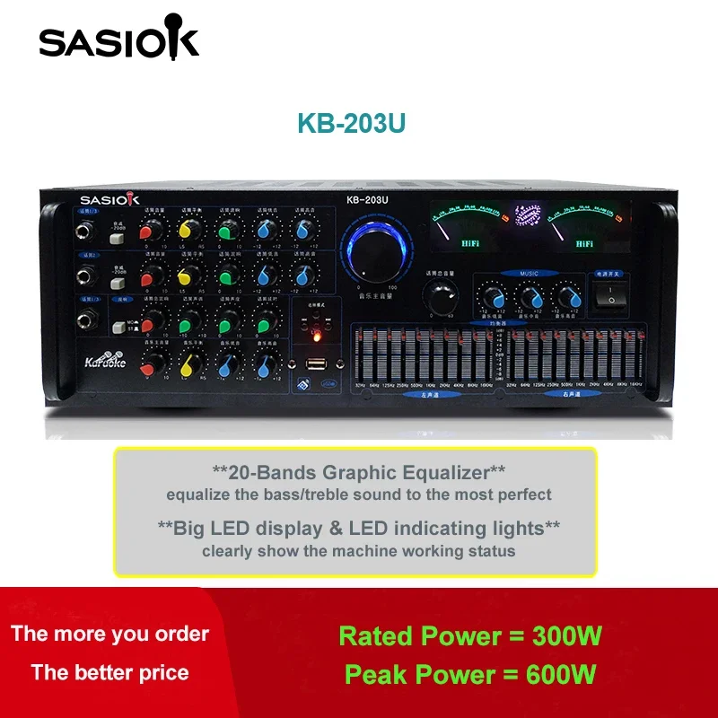 KB-203U 800W HIFI/20-Band EQ Audio Receivers Home Theater Blue-tooth Karaoke Amplifier Speaker Professional W/2*wireless Mics .
KB-203U 800W HIFI/20-Band EQ Audio Receivers Home Theater Blue-tooth Karaoke Amplifier Speaker Professional W/2*wireless Mics .