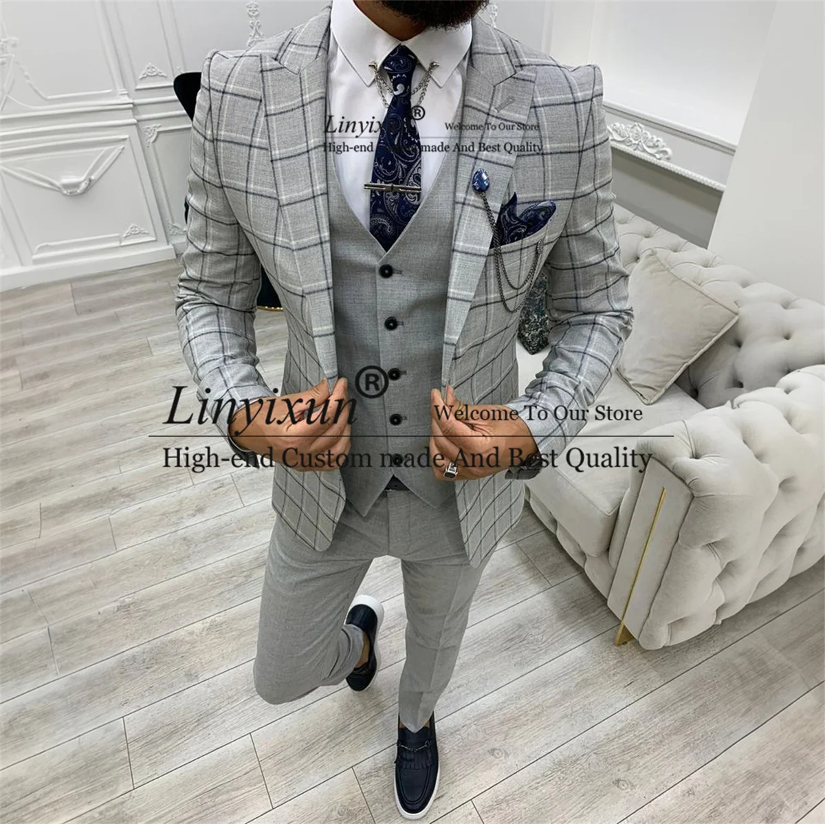 Fashion Men‘s Plaid Suits Peaked Lapel Wedding Groom Tuxedos Slim Fit Buiness Male Prom Blazers 3 Pieces Sets Costume Homme
Fashion Men‘s Plaid Suits Peaked Lapel Wedding Groom Tuxedos Slim Fit Buiness Male Prom Blazers 3 Pieces Sets Costume Homme