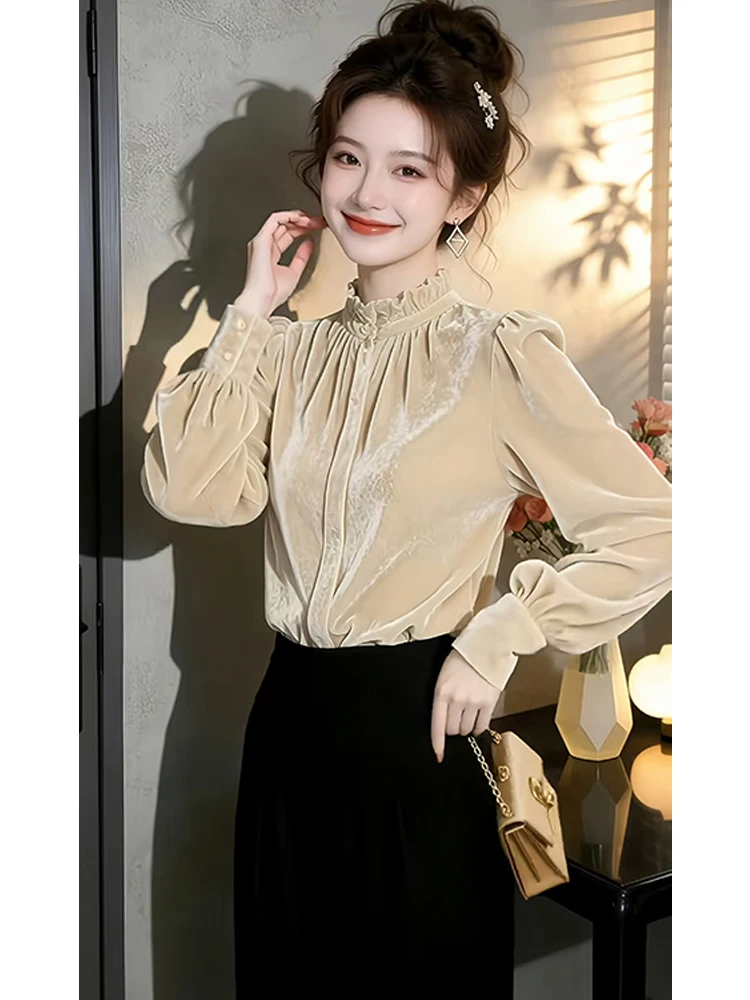 Ele Stand Collar Long Sve irt Wooden New Sle Slimming White Enhancing Women's Faionable Top Ele Wind
Ele Stand Collar Long Sve irt Wooden New Sle Slimming White Enhancing Women's Faionable Top Ele Wind