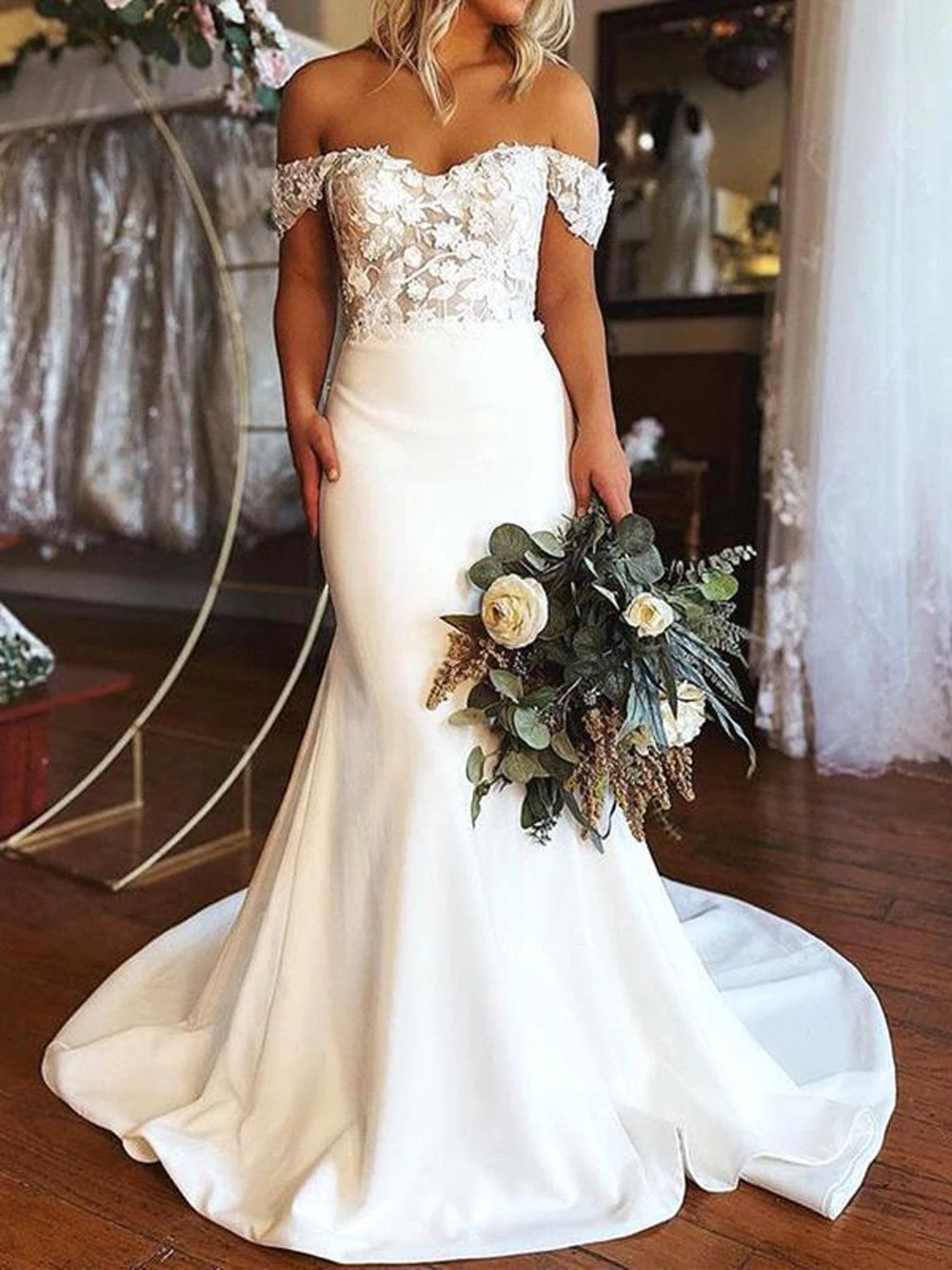 Lace Satin Mermaid Wedding Dresses Off Shoulder Appliques Backless Zipper Bridal Gown Elegant Simple Vestido De Novia Customized
Lace Satin Mermaid Wedding Dresses Off Shoulder Appliques Backless Zipper Bridal Gown Elegant Simple Vestido De Novia Customized