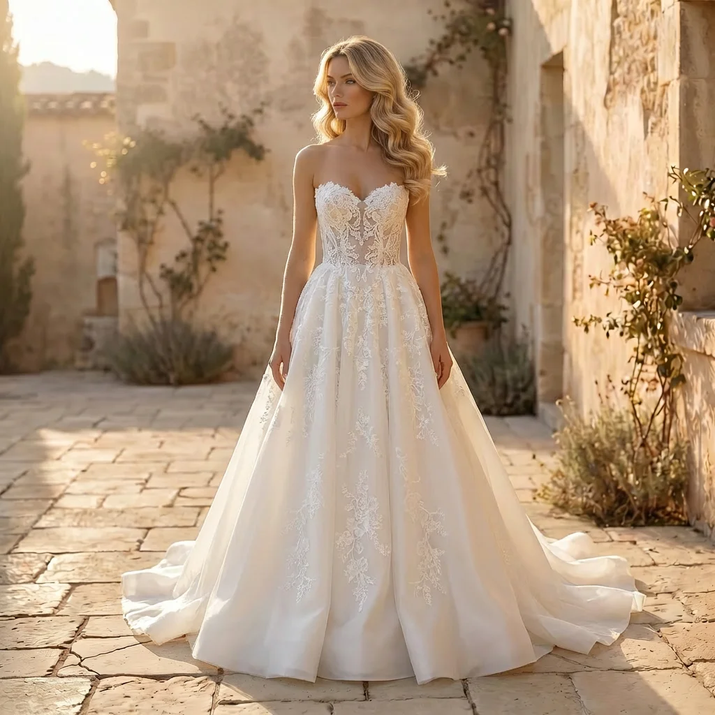 2026 Ivory Lace Appliques Strapless Wedding Dress Floor-Length Sleeveless vestidos de noche Ball Gown Formal Custom
2026 Ivory Lace Appliques Strapless Wedding Dress Floor-Length Sleeveless vestidos de noche Ball Gown Formal Custom