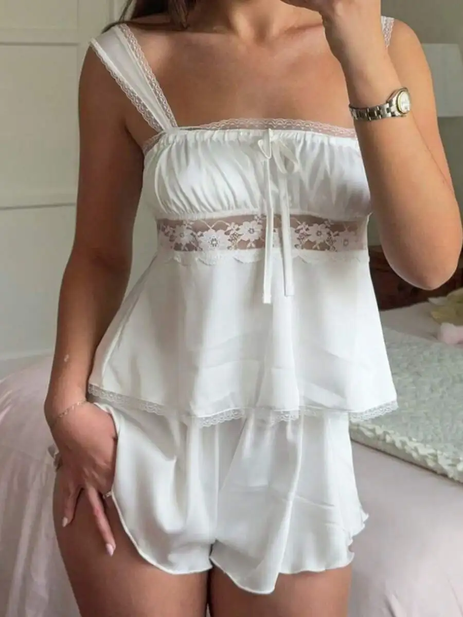 White Lace Trim Satin Pajama Set Women Spaghetti Strap Tie Front Loose Shorts Loungewear Sleepwear
White Lace Trim Satin Pajama Set Women Spaghetti Strap Tie Front Loose Shorts Loungewear Sleepwear