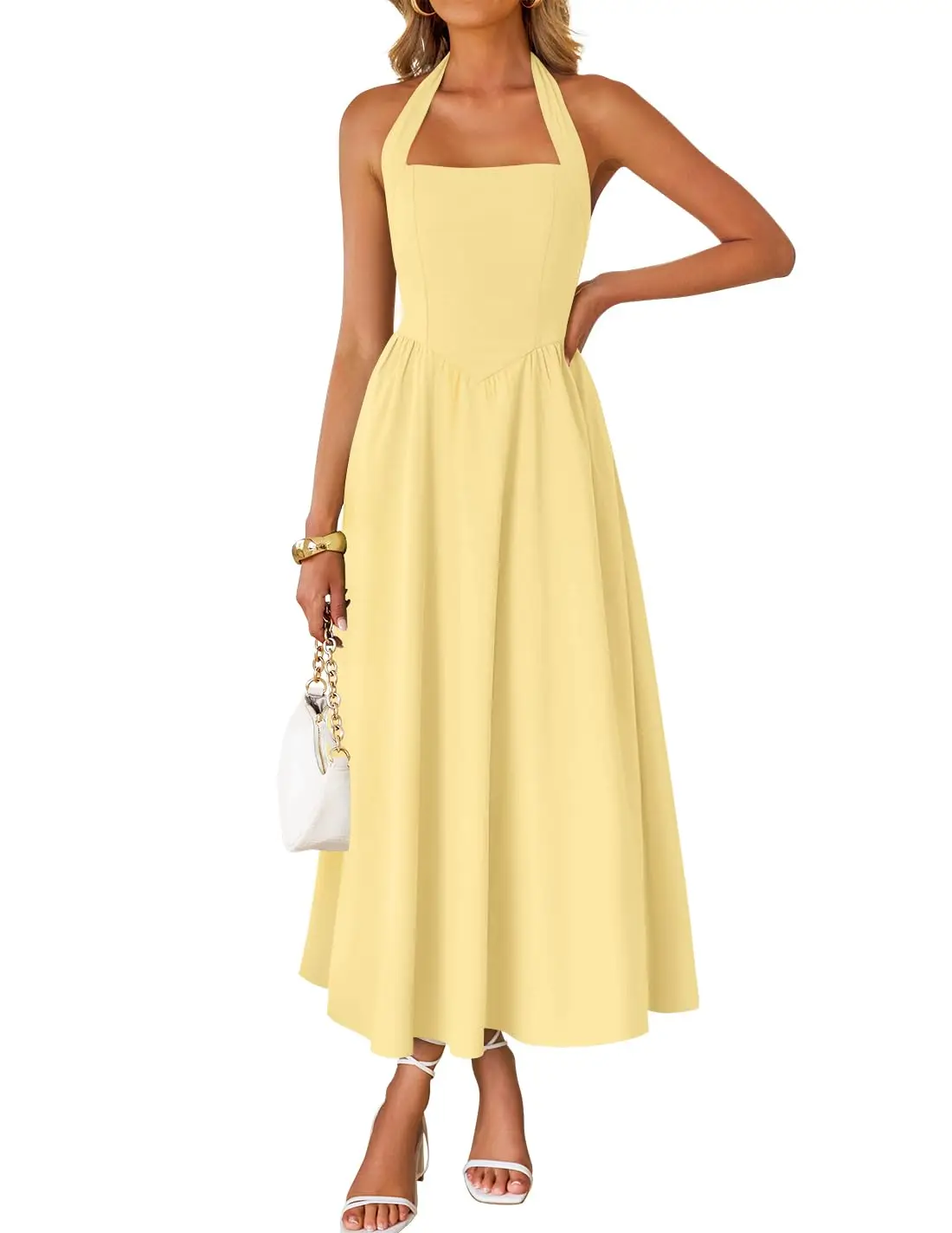 Elegant Yellow Halter Neck Midi Dress For Women, Sleeveless High Waist Flowy Formal Gown Suitable For Wedding Guest Events
Elegant Yellow Halter Neck Midi Dress For Women, Sleeveless High Waist Flowy Formal Gown Suitable For Wedding Guest Events