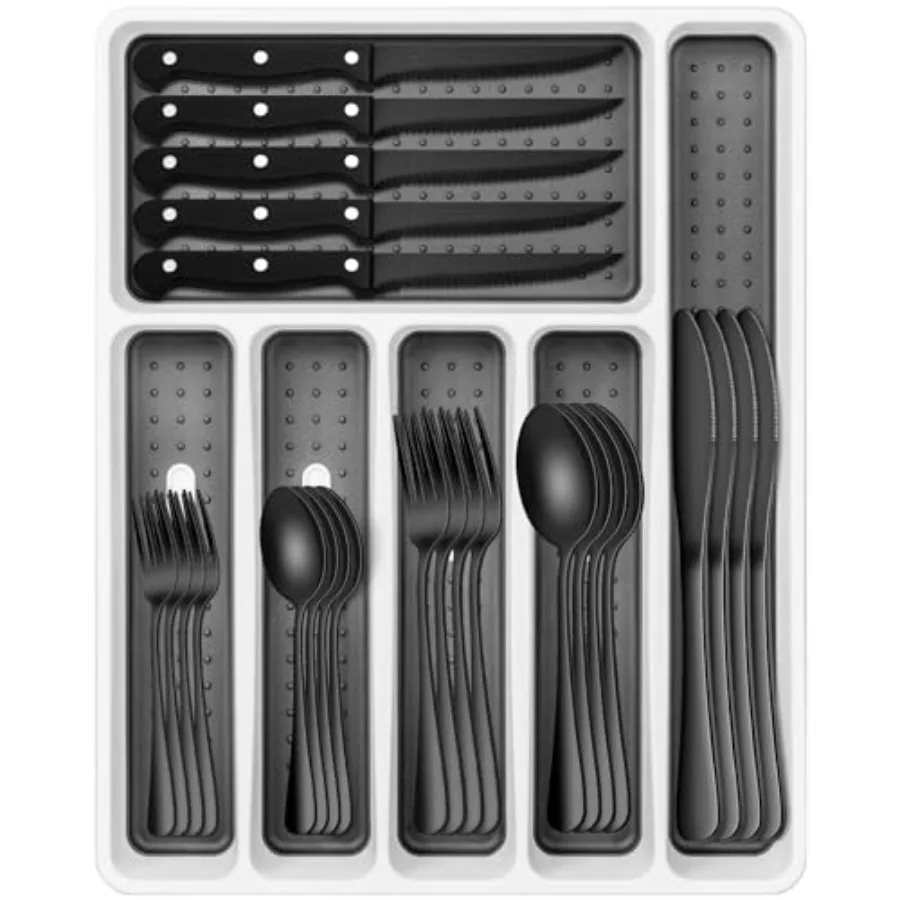 Black Silverware Set 49-Piece Flatware Set with Drawer Organizer Durable Stainless Steel Cutlery Set for 8 Tableware Eating Ute
Black Silverware Set 49-Piece Flatware Set with Drawer Organizer Durable Stainless Steel Cutlery Set for 8 Tableware Eating Ute