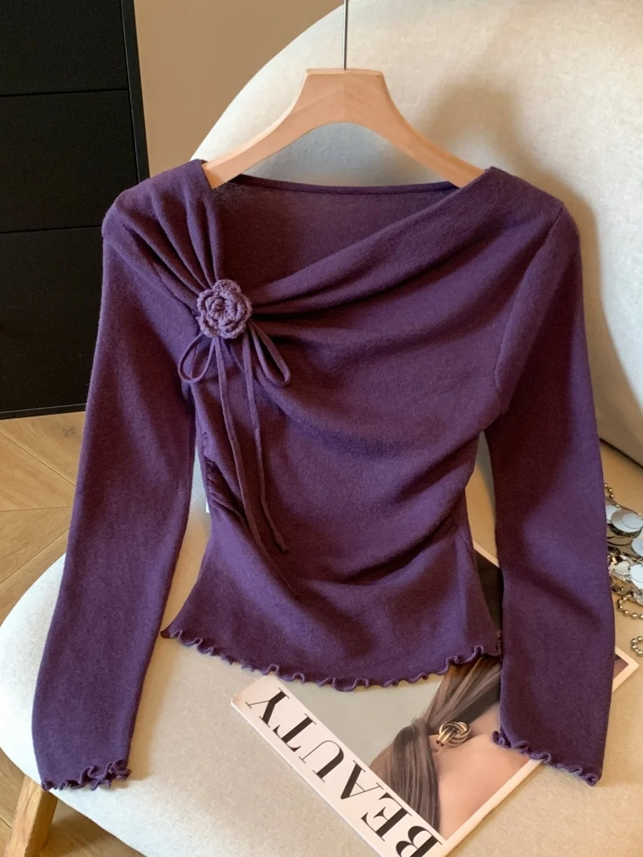 Уникальная фиолетовая вязаная футболка с длинным рукавом Pure Desire для женщин, осенне-зимняя, с цветочным узором, красивый базовый топ
Уникальная фиолетовая вязаная футболка с длинным рукавом Pure Desire для женщин, осенне-зимняя, с цветочным узором, красивый базовый топ