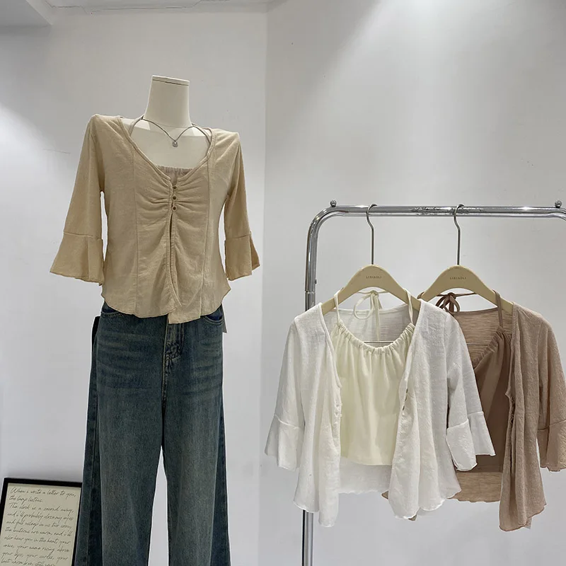 Summer 2024 Korean Style Pure Desire Inner Wear Neck Hanging Strap Vest Short Sleeve Shirt Cardigan Two-Piece Set Women's Fas...
Summer 2024 Korean Style Pure Desire Inner Wear Neck Hanging Strap Vest Short Sleeve Shirt Cardigan Two-Piece Set Women's Fas...