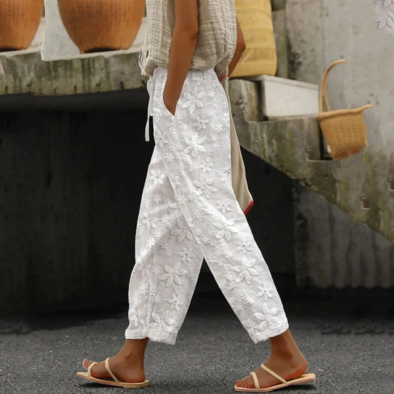 2025 Vintage Straight Women Trousers New Spring Embroidery Flower Lace Office Trousers Summer Elastic Waist Pocket Sweatpant
2025 Vintage Straight Women Trousers New Spring Embroidery Flower Lace Office Trousers Summer Elastic Waist Pocket Sweatpant