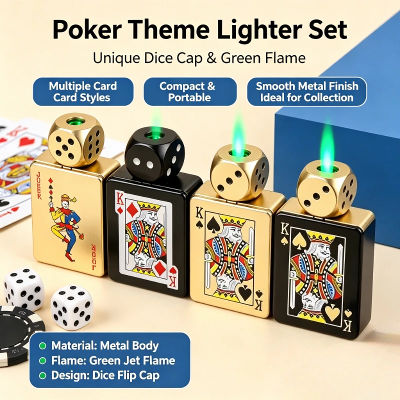 Metal Poker Dice Rotation Gas Lighter, Windproof Unique Green Jet Flame, Portable Fun Novelty Smoking Toy for Men
Metal Poker Dice Rotation Gas Lighter, Windproof Unique Green Jet Flame, Portable Fun Novelty Smoking Toy for Men