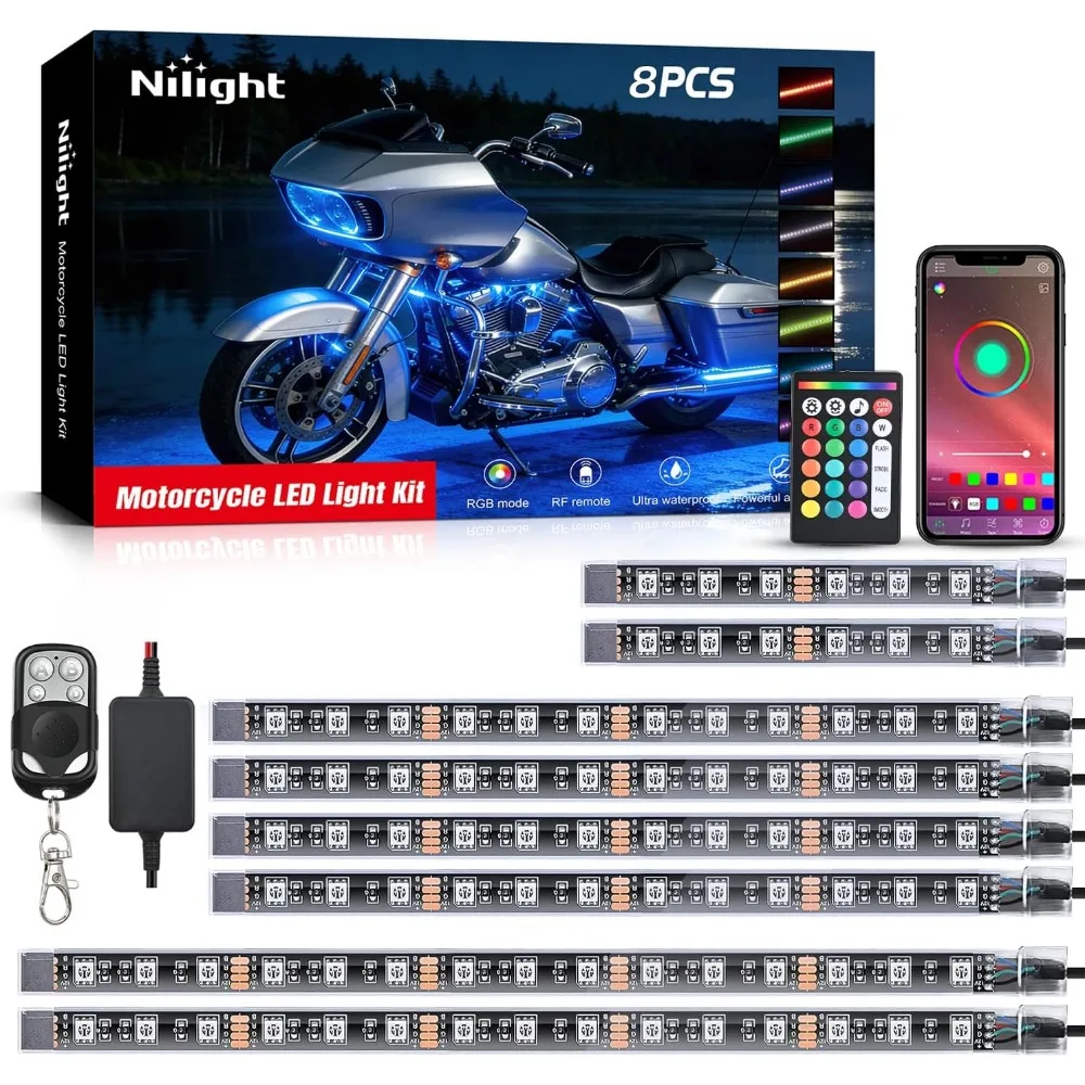 Комплект из 8 водонепроницаемых RGB LED-лент для мотоцикла, многоцветные подсветки днища с управлением через приложение и пультом ДУ
Комплект из 8 водонепроницаемых RGB LED-лент для мотоцикла, многоцветные подсветки днища с управлением через приложение и пультом ДУ
