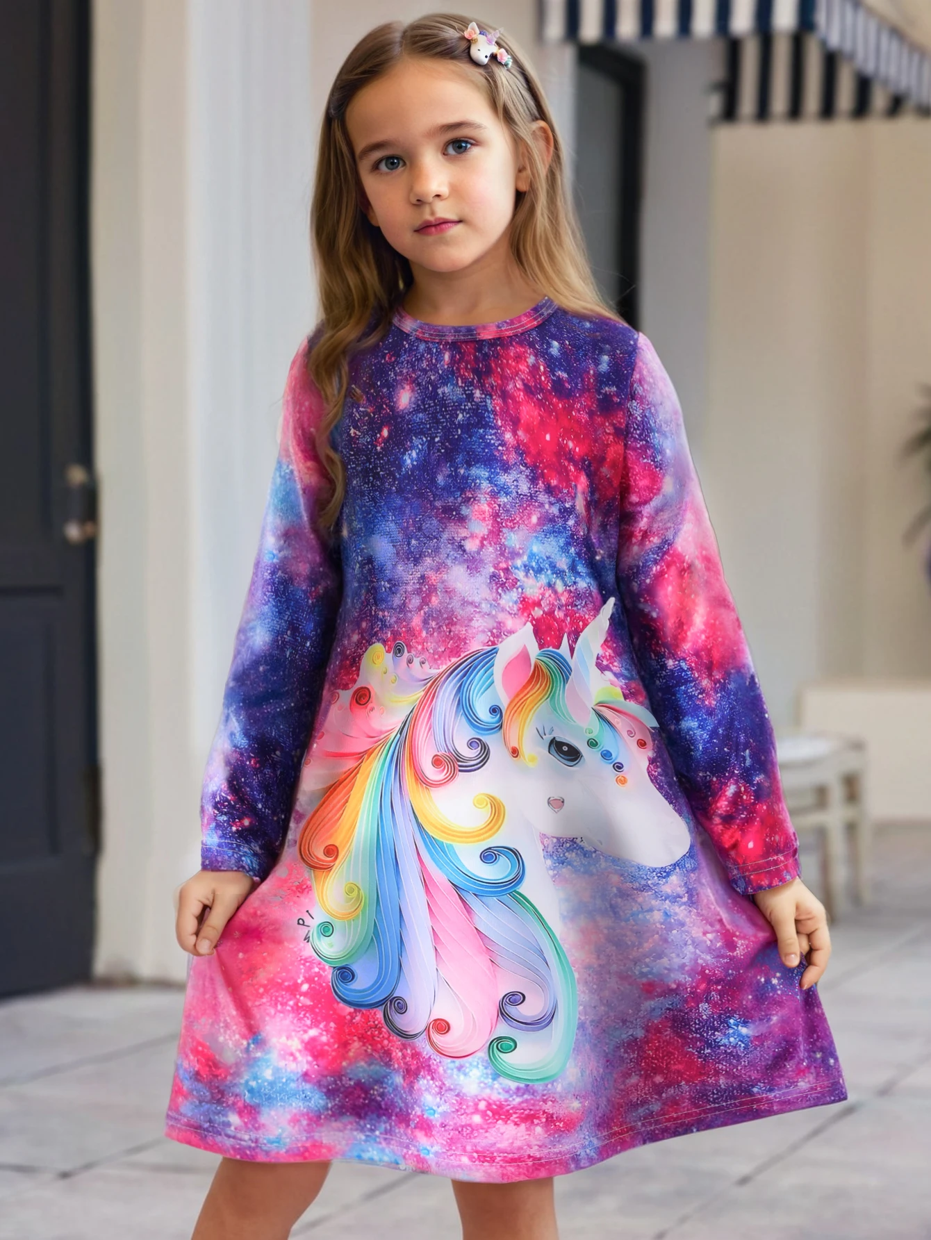 Colorful starry sky printed girls' dress long sleeved round neck waist cinched milk silk long skirt
Colorful starry sky printed girls' dress long sleeved round neck waist cinched milk silk long skirt