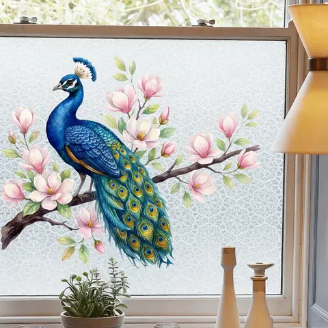 Floral Peacock Wall Sticker, Watercolor Peacock with Pink Magnolia Flowers Vinyl Wall Decal for Home Decor