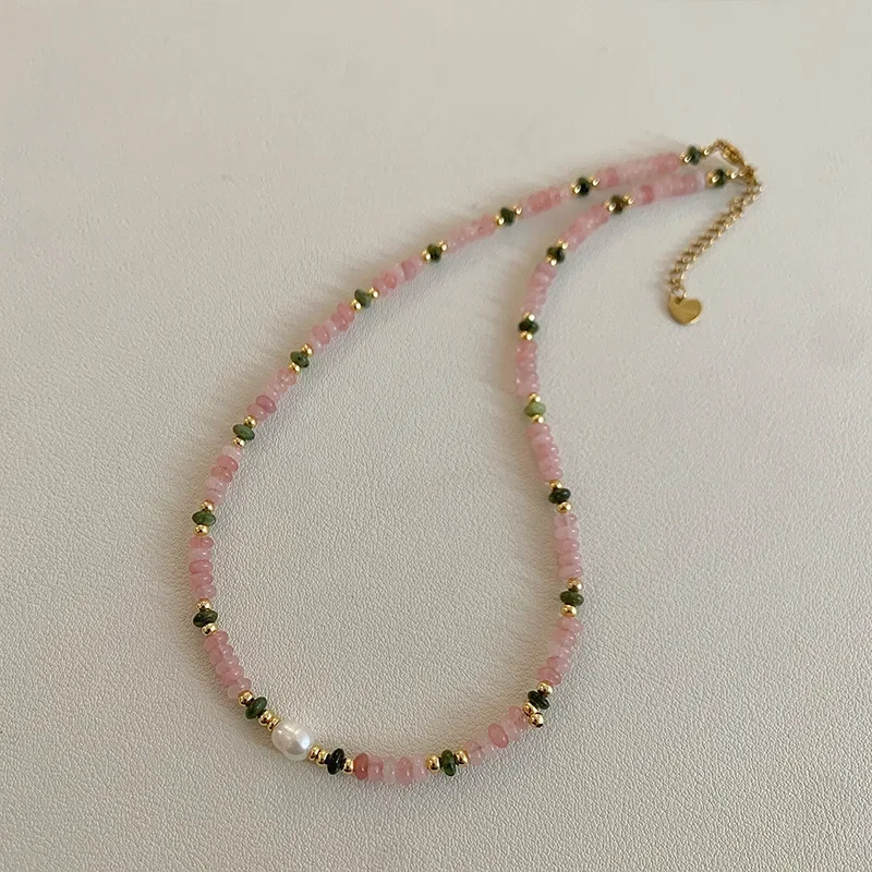 Sweet Pink Green Natural Stone Freshwater Pearl Beads Strand Beaded Necklace for Women 14K Gold Plated Copper Chain Choker 
Sweet Pink Green Natural Stone Freshwater Pearl Beads Strand Beaded Necklace for Women 14K Gold Plated Copper Chain Choker