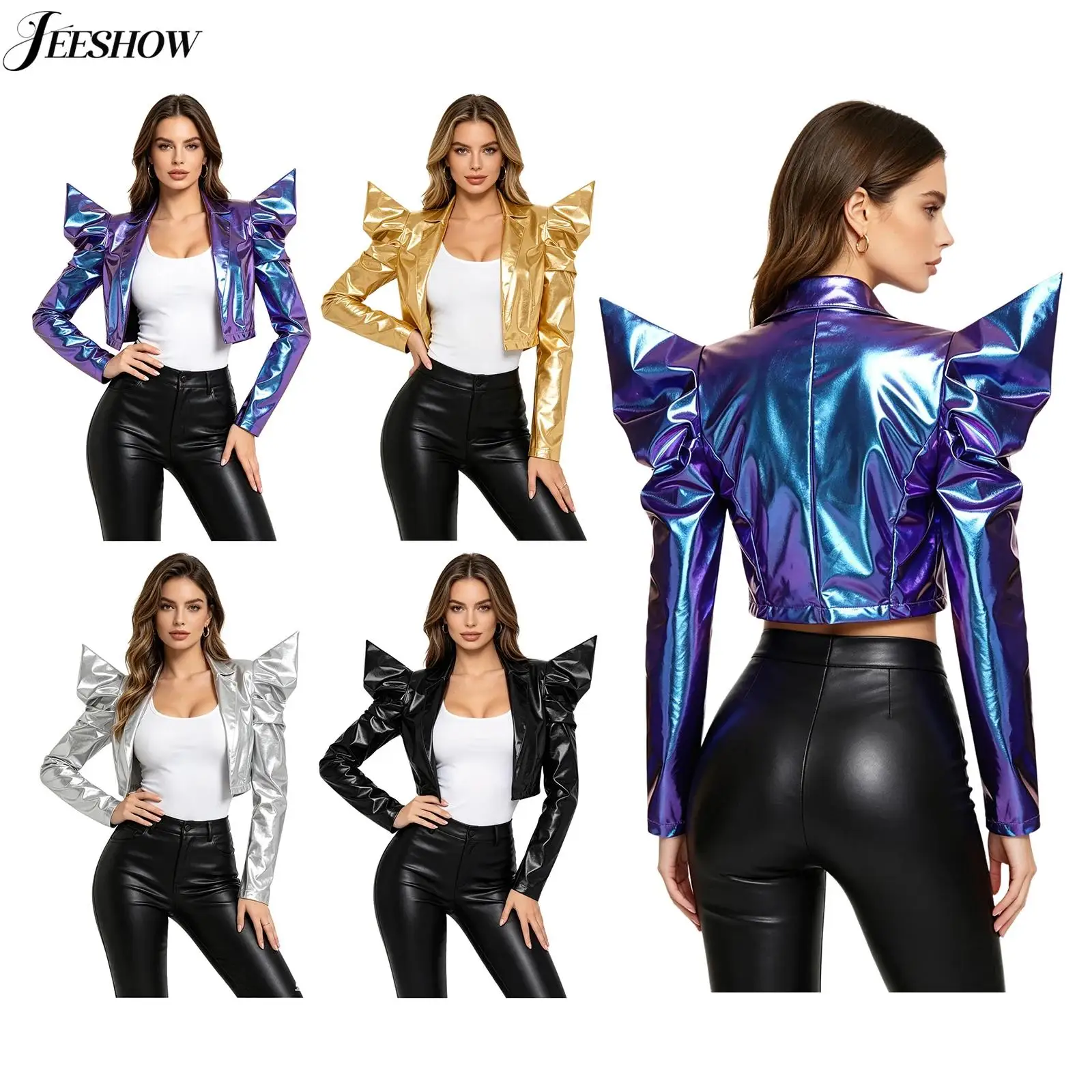 Womens Shiny Metallic Open Front Cropped Jacket Holographic Long Puff Sleeve Lapel Collar Blazer Outerwear for Rave Dance Party
Womens Shiny Metallic Open Front Cropped Jacket Holographic Long Puff Sleeve Lapel Collar Blazer Outerwear for Rave Dance Party