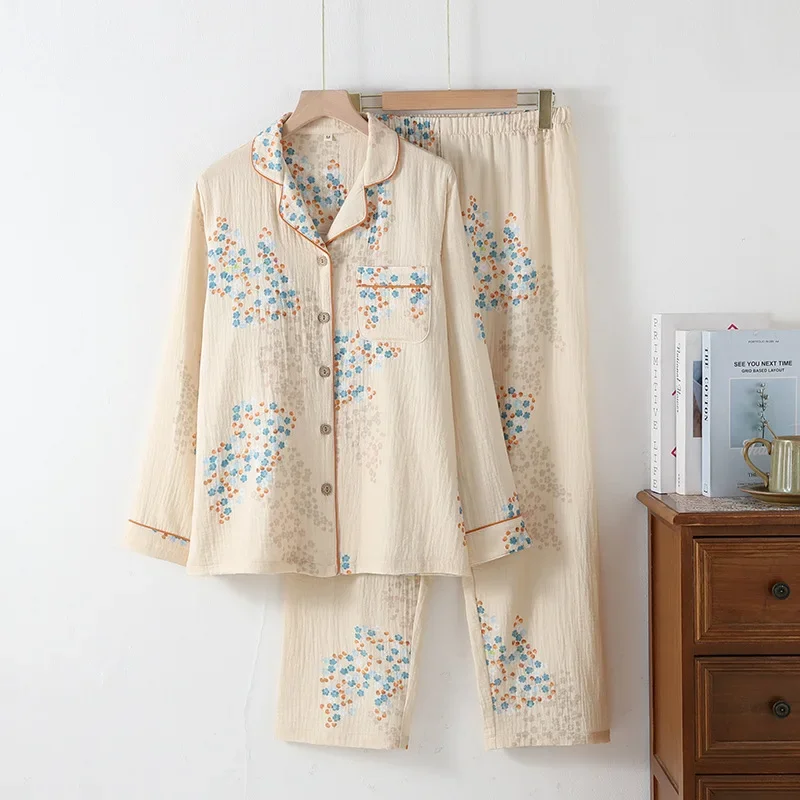 2024 Cotton Double-layer Gauze Women's Pajamas Set Autumn Long-sleeved Cardigan Loose Loungewear Turn-down Collar Home Clothes
2024 Cotton Double-layer Gauze Women's Pajamas Set Autumn Long-sleeved Cardigan Loose Loungewear Turn-down Collar Home Clothes