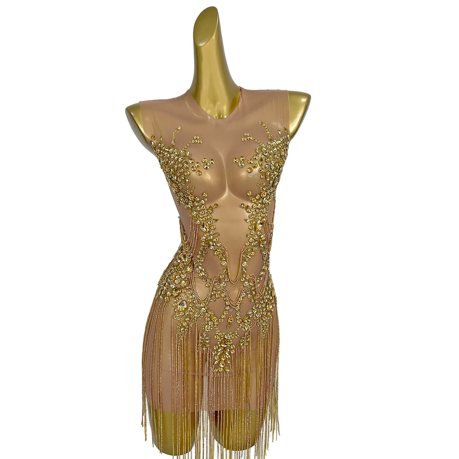 Sparkling Crystal Tassel Dress Sexy Mesh Golden Rhinestone See Through Buttock Skirt Stage Performance Party Dress zuanhua
Sparkling Crystal Tassel Dress Sexy Mesh Golden Rhinestone See Through Buttock Skirt Stage Performance Party Dress zuanhua
