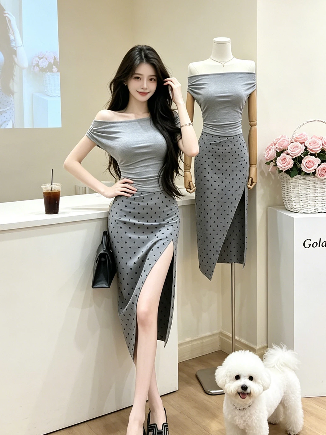 Elegant Grey Off-Shoulder Polka Dot Split Short-Sleeve Women's Summer Fashion Set with Bodycon Skirt Two-Piece Ensemble
Elegant Grey Off-Shoulder Polka Dot Split Short-Sleeve Women's Summer Fashion Set with Bodycon Skirt Two-Piece Ensemble