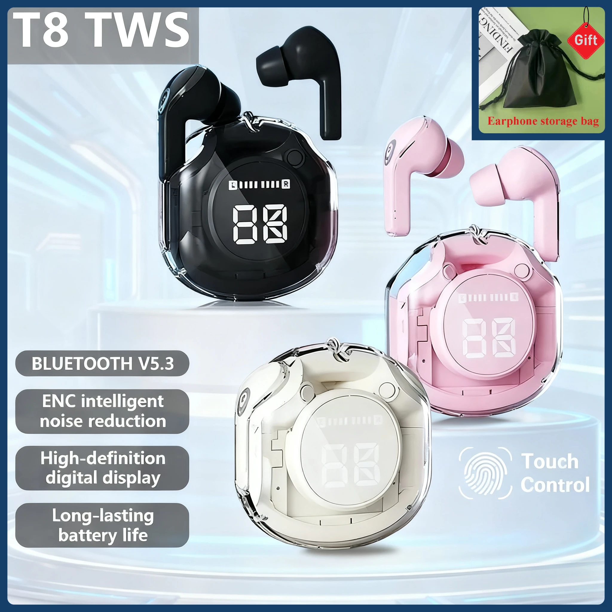 T8 PRO Tws Bluetooth Earbuds Transparent with LED Digital Display Wireless In-Ear Earphone for Xiaomi Huawei iPhone Headphone
T8 PRO Tws Bluetooth Earbuds Transparent with LED Digital Display Wireless In-Ear Earphone for Xiaomi Huawei iPhone Headphone