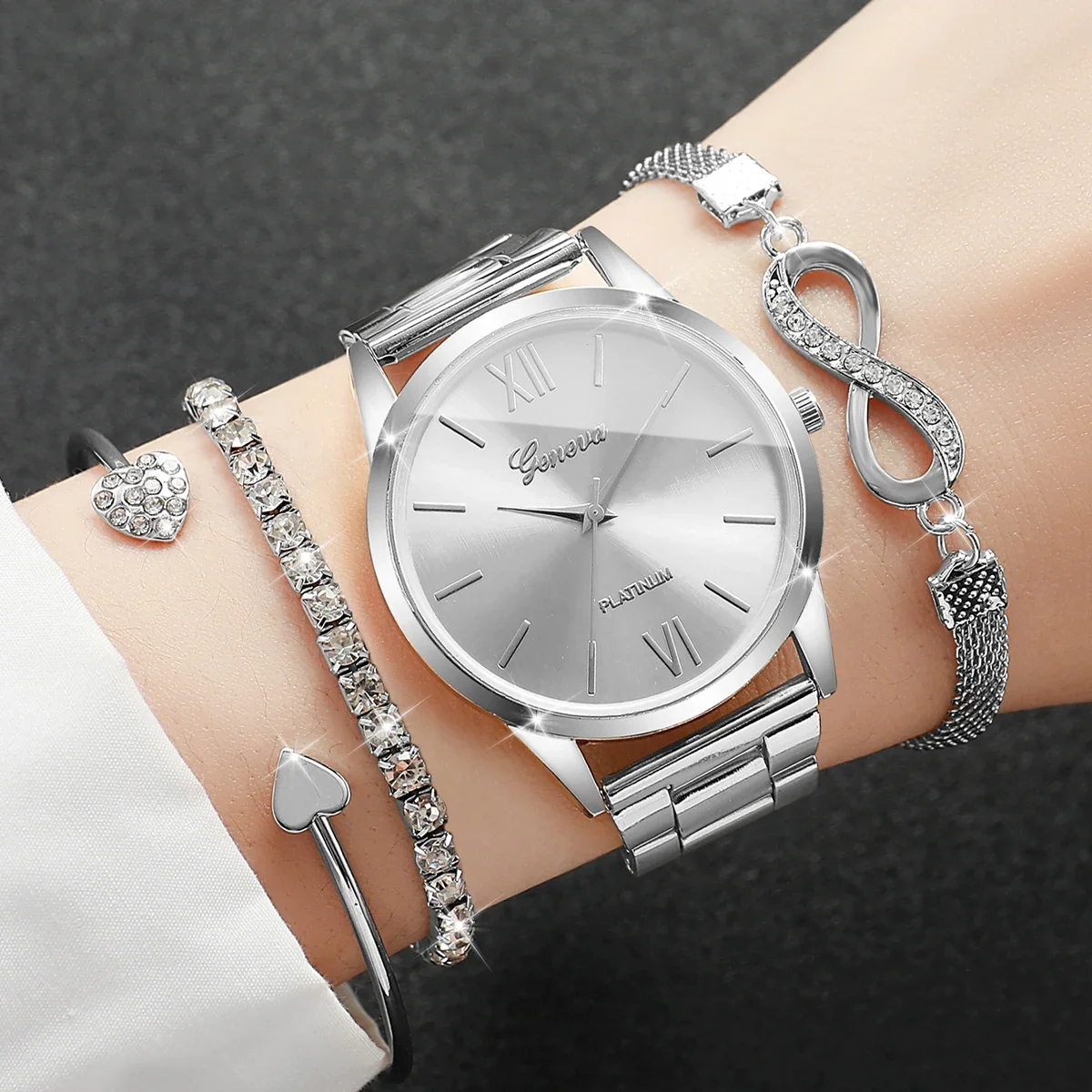 Women Silver Plated Geneva Watch Set With 4PCS Crystal Rhinestone Bracelet Bangle Fashion Jewelry
Women Silver Plated Geneva Watch Set With 4PCS Crystal Rhinestone Bracelet Bangle Fashion Jewelry