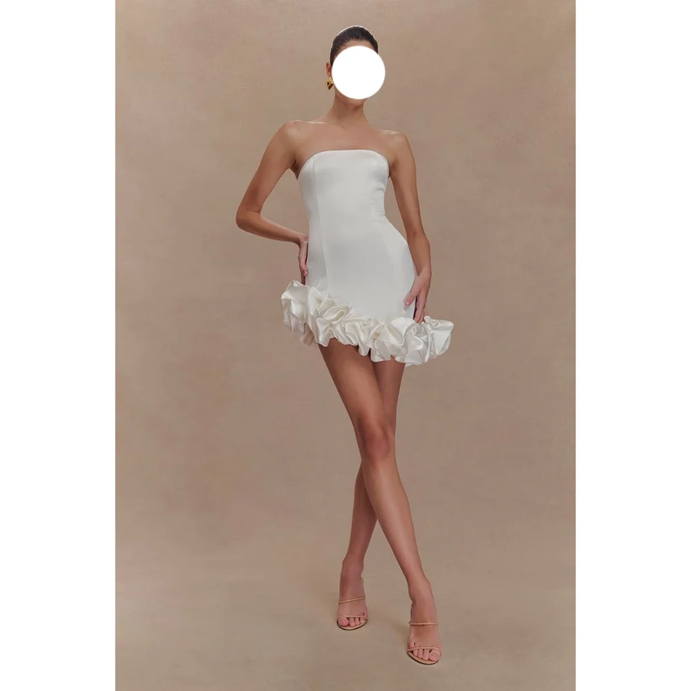 Chic Satin Sheath Short Dress White Strapless Pleated Asymmetrical Dress Birthday Party Dresses Exquisite Short Skirt Customized 
Chic Satin Sheath Short Dress White Strapless Pleated Asymmetrical Dress Birthday Party Dresses Exquisite Short Skirt Customized