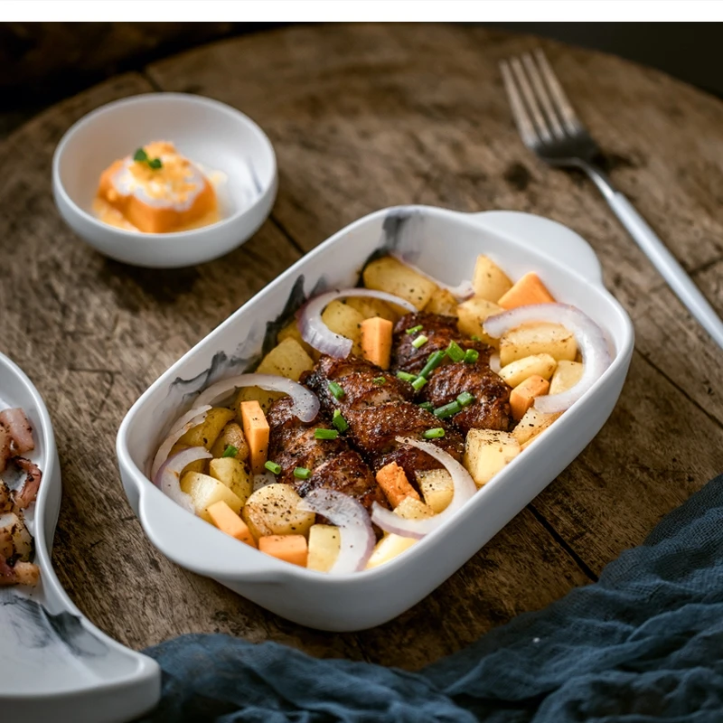 Japanese-style ceramic rectangular ears baked rice oven bakeware dininer plates
Japanese-style ceramic rectangular ears baked rice oven bakeware dininer plates