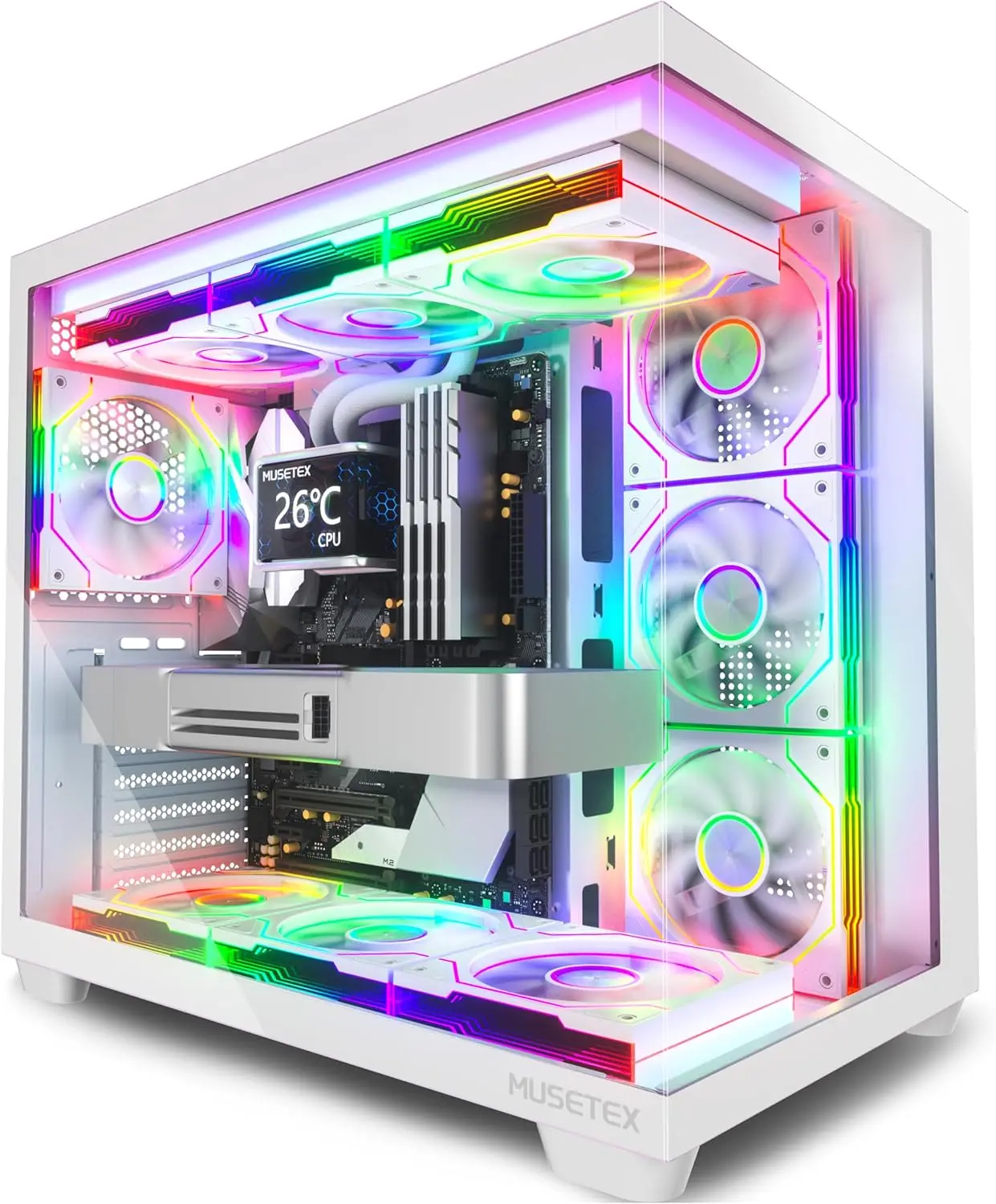 ATX Mid Tower PC Case with 7 ARGB Fans, 270° Tempered Glass, Type-C, White
ATX Mid Tower PC Case with 7 ARGB Fans, 270° Tempered Glass, Type-C, White