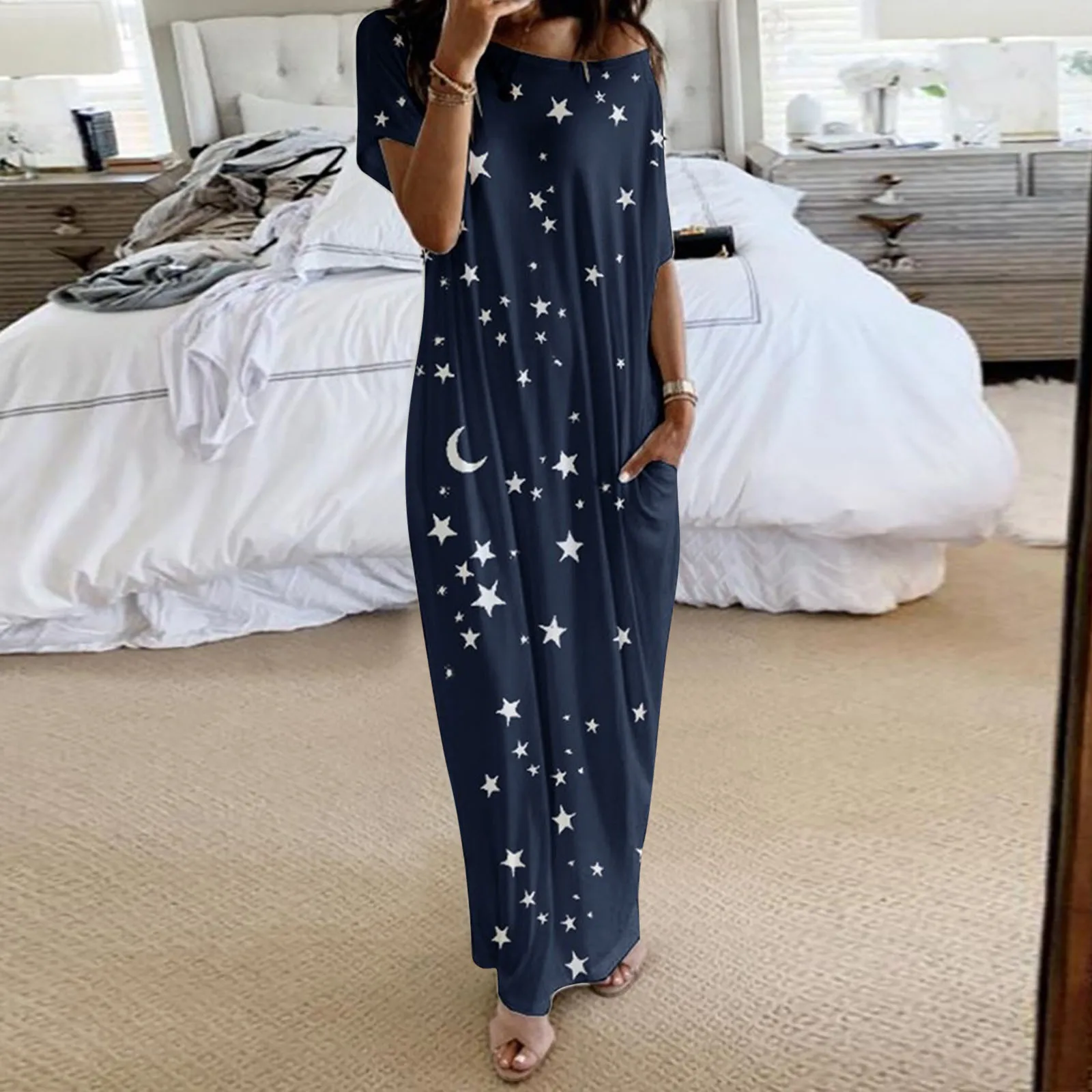 Women Moon Star Print Nightgown Summer Off Shoulder O-Neck Short Sleeve Vestidos Casual Homewear Maxi Dresses For Women 2024
Women Moon Star Print Nightgown Summer Off Shoulder O-Neck Short Sleeve Vestidos Casual Homewear Maxi Dresses For Women 2024