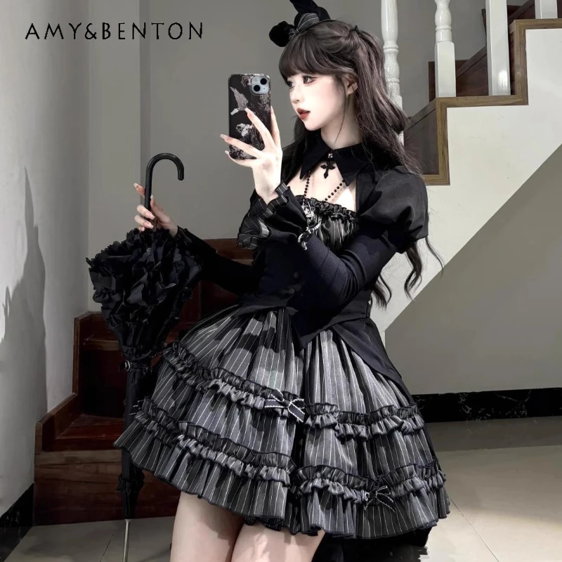 2025 Summer Gothic Stripe Shirt Women's Dress Original Design Black Bow Splicing Slimming Lolita Fluffy Cake Dresses Suit Ladies
2025 Summer Gothic Stripe Shirt Women's Dress Original Design Black Bow Splicing Slimming Lolita Fluffy Cake Dresses Suit Ladies