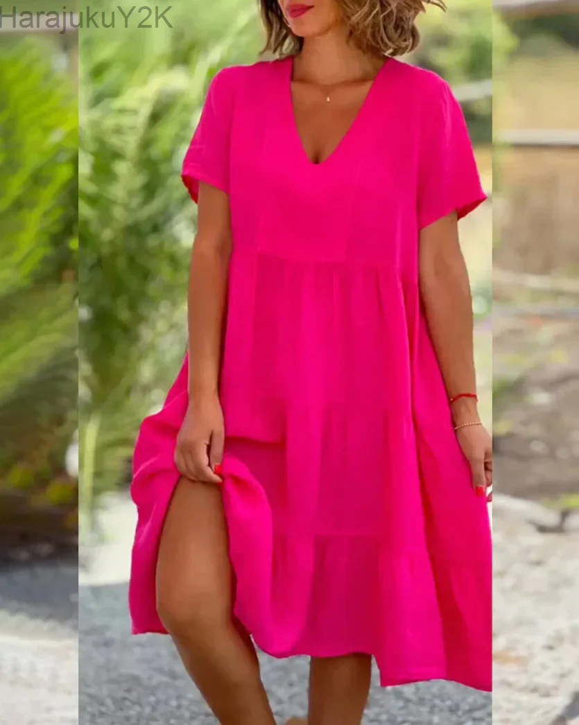 Cotton And Linen Casual Women's Dresses 2024 Spring/Summer Sweet Short Sleeve Solid V-neck Large Swing Loose Dress
Cotton And Linen Casual Women's Dresses 2024 Spring/Summer Sweet Short Sleeve Solid V-neck Large Swing Loose Dress