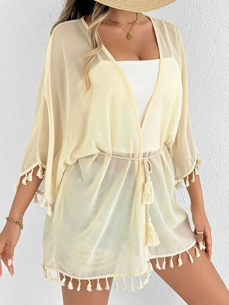 Sexy Women Solid Short Sleeve Bikini Cove Up Tassels Lady Beach Dress Casual Female Brazilian Swimsuit Cover-Ups
Sexy Women Solid Short Sleeve Bikini Cove Up Tassels Lady Beach Dress Casual Female Brazilian Swimsuit Cover-Ups