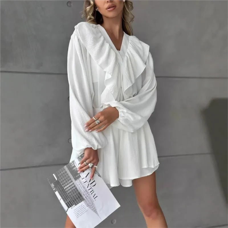 Pink Ruffle Trim Two-Piece Set V-Neck Puff Sleeve Blouse With Layered Shorts Elegant Casual Outfit For Summer Dates And Vacation
Pink Ruffle Trim Two-Piece Set V-Neck Puff Sleeve Blouse With Layered Shorts Elegant Casual Outfit For Summer Dates And Vacation