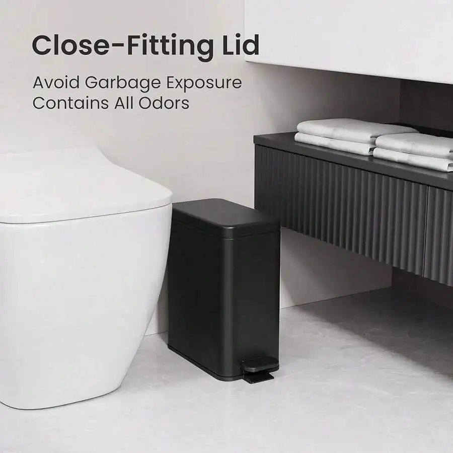 Black Bathroom Trash Can With Close-Fitting Lid 2.6 Gallon Step Pedal Stainless Steel Waste Bin
Black Bathroom Trash Can With Close-Fitting Lid 2.6 Gallon Step Pedal Stainless Steel Waste Bin
