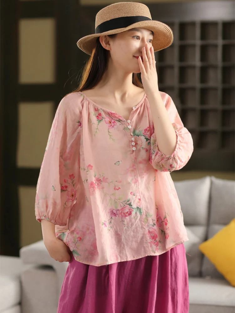 Женская блузка из 100% льна с ретро-принтом, тонкая, летняя, с цветочным узором, повседневная, свободного кроя, стандартной длины
Женская блузка из 100% льна с ретро-принтом, тонкая, летняя, с цветочным узором, повседневная, свободного кроя, стандартной длины