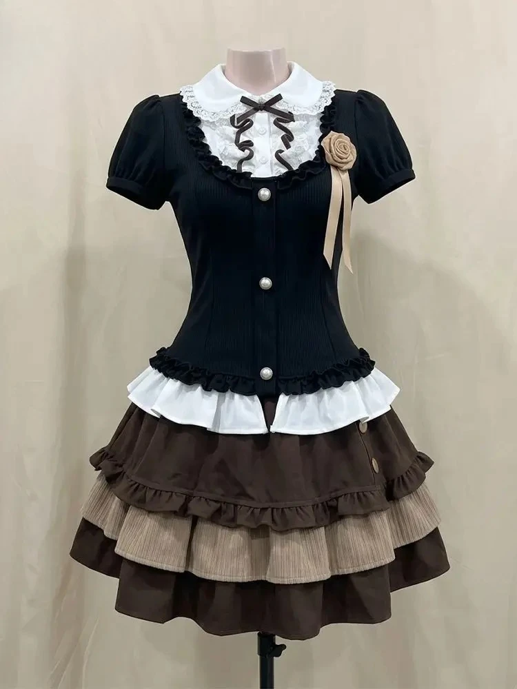 Sweet Kawaii Lolita 2 Piece Set Women Lace Ruffle Peter Pan Collar Short Sleeve Crop Top Layered Cake Skirt Fitted Party Outfit
Sweet Kawaii Lolita 2 Piece Set Women Lace Ruffle Peter Pan Collar Short Sleeve Crop Top Layered Cake Skirt Fitted Party Outfit